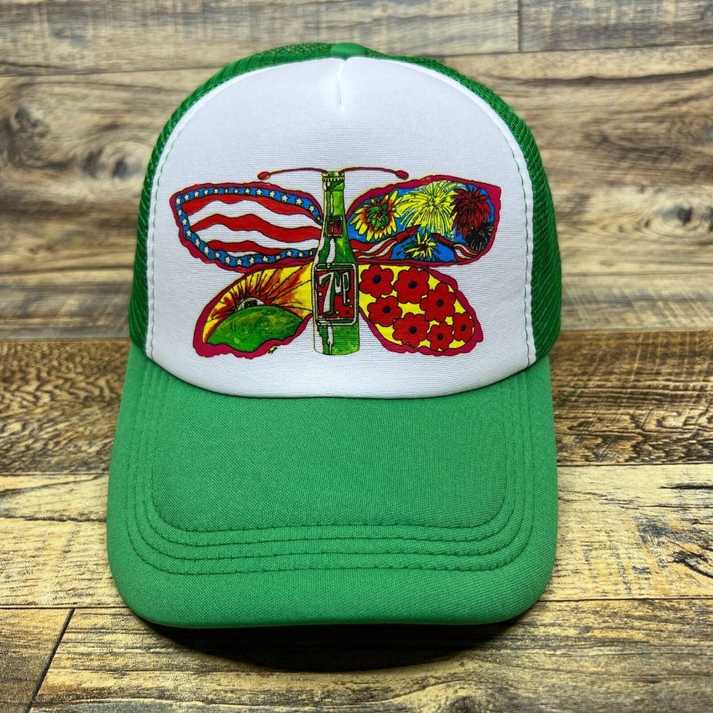 7Up Mens Trucker Hat Green Snapback Butterfly Vintage Soda Pop Baseball Cap - Picture 2 of 8
